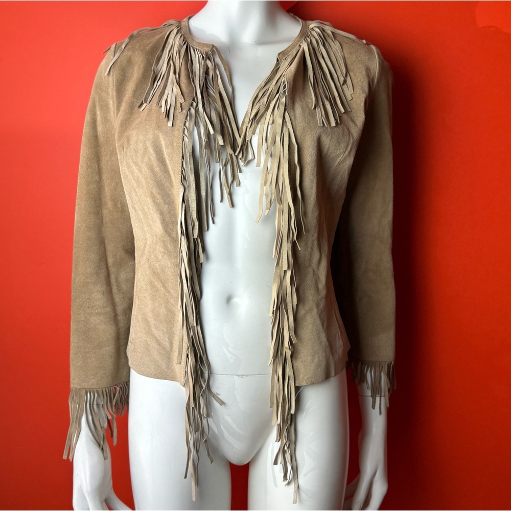 Vintage Bebe suede leather fringe jacket beige